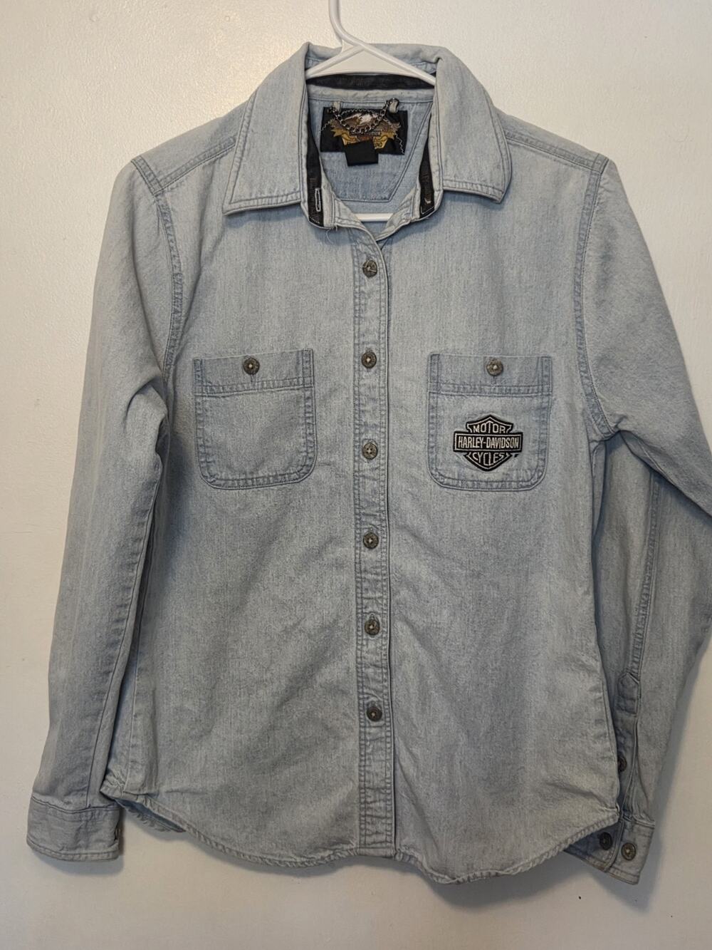 Harley Davidson Cotton Denim Shirt Vintage Mens S Light Blue Motorcycle Biker